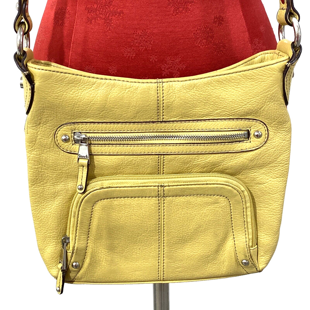Vintage Y2K Tignanello Yellow Leather Shoulder Bag Purse Zip Pockets Adjustable